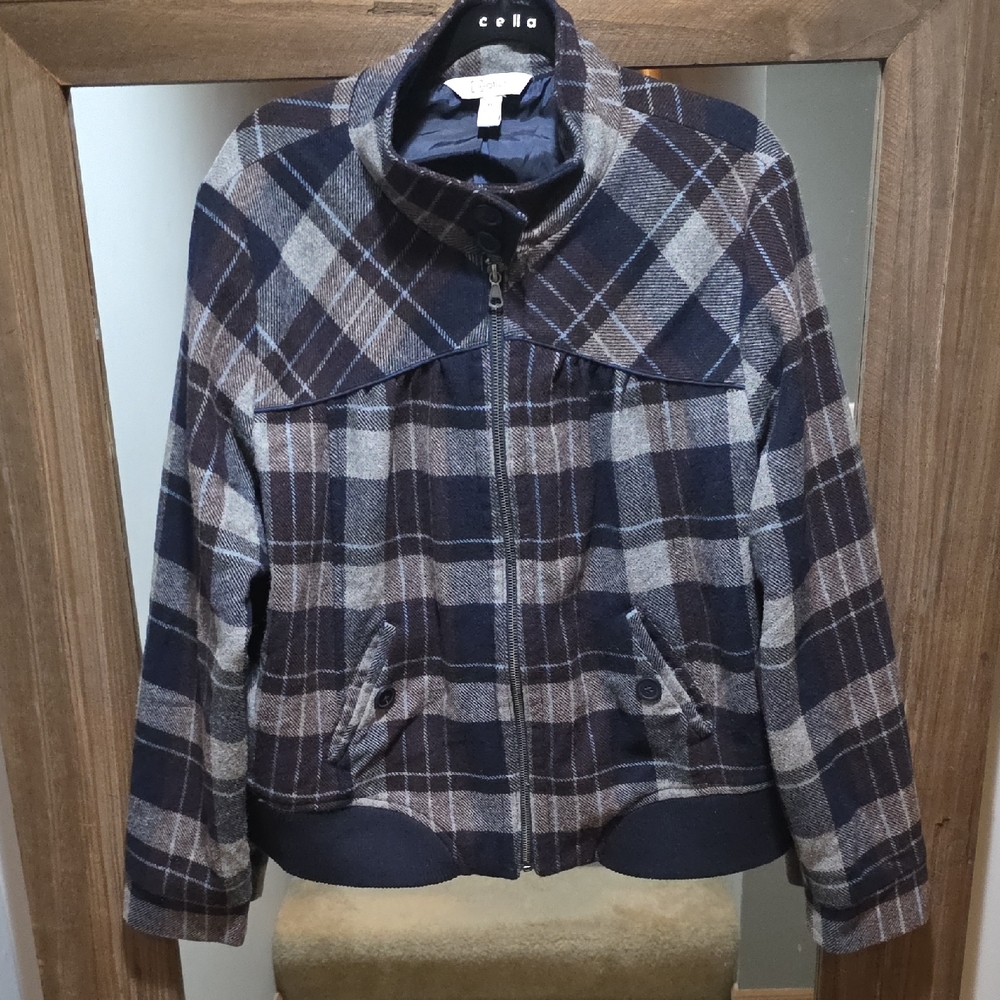Relativity Vintage Women's Plaid Bomber Jacket - Navy and‎ Brown